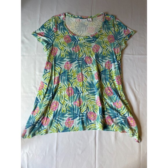 Sigrid Olsen Womens Plus Size 1X 100% Linen V-Neck T-Shirt Top Green Floral - Picture 1 of 4